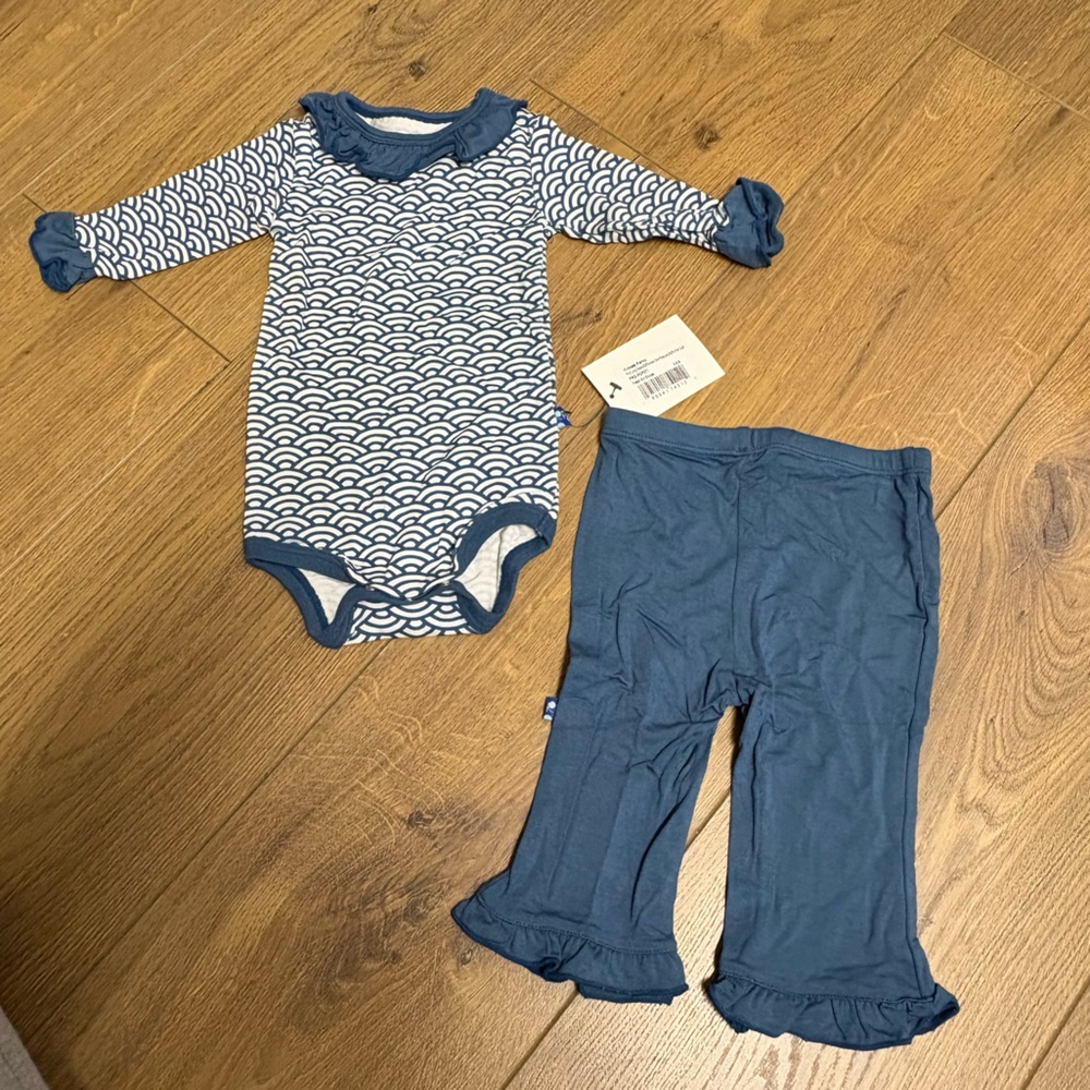 Kickee Pants NWT Onesie Ruffle Long Sleeve Pants Bamboo Blue Girl 3-6M New Set